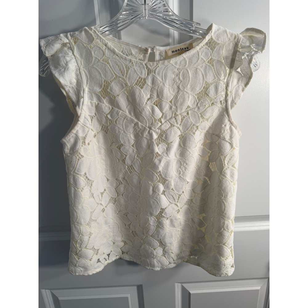 Monteau Los Angeles Ivory Floral Lace Flutter Sleeve Blouse Top Small 28700